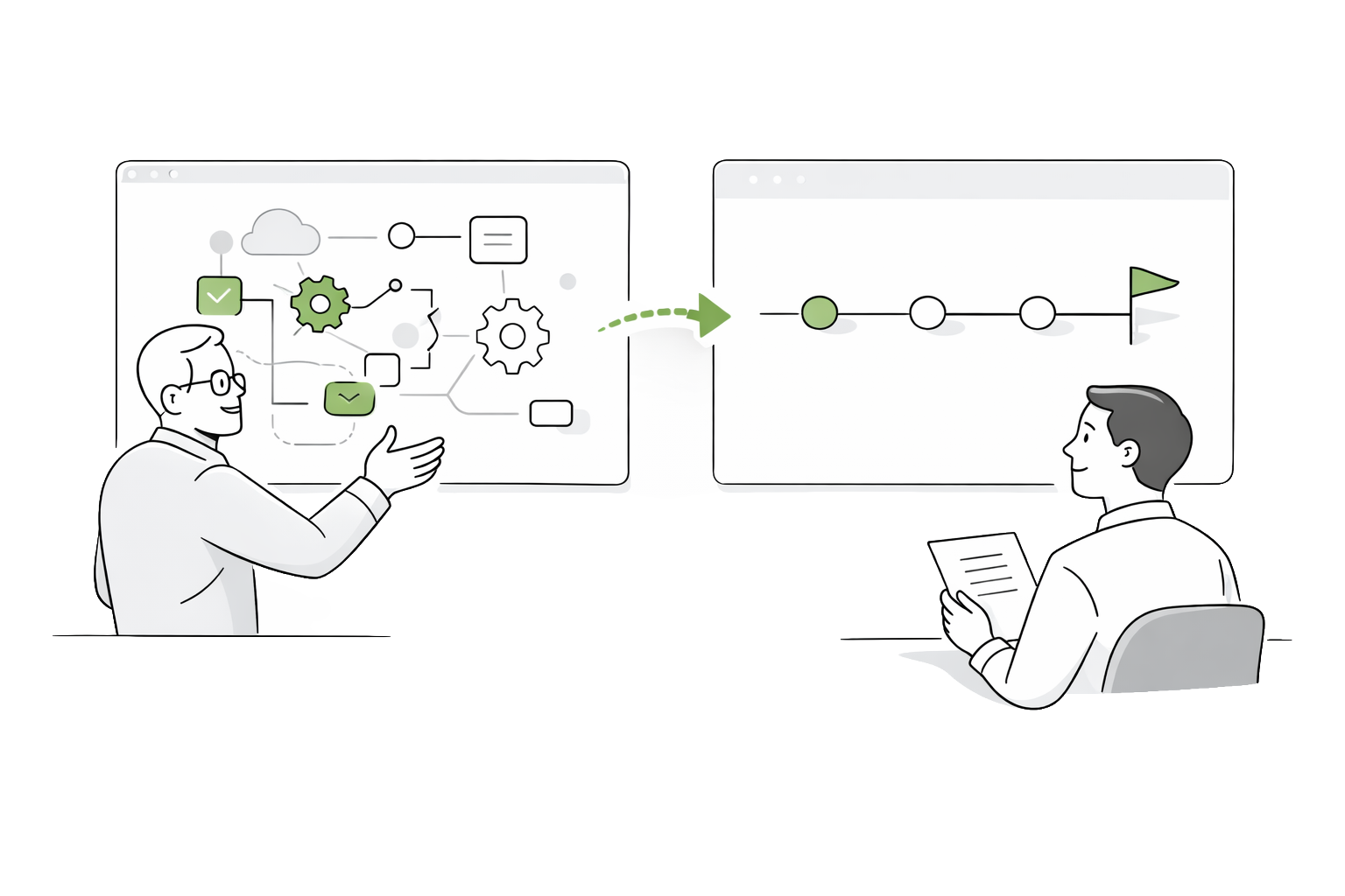 Line-art illustration showing a complex plan being simplified into a clearer path.