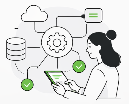 Line-art illustration for business analysis and systems planning.