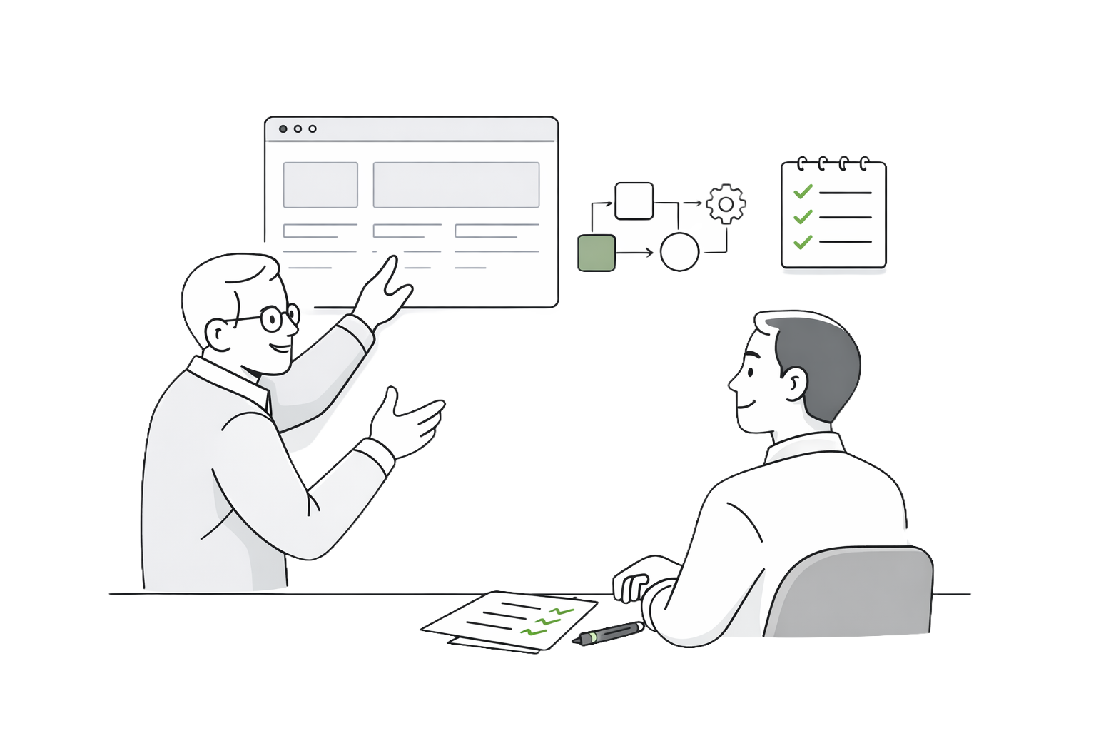 Illustration showing website planning, business systems, and project structure.
