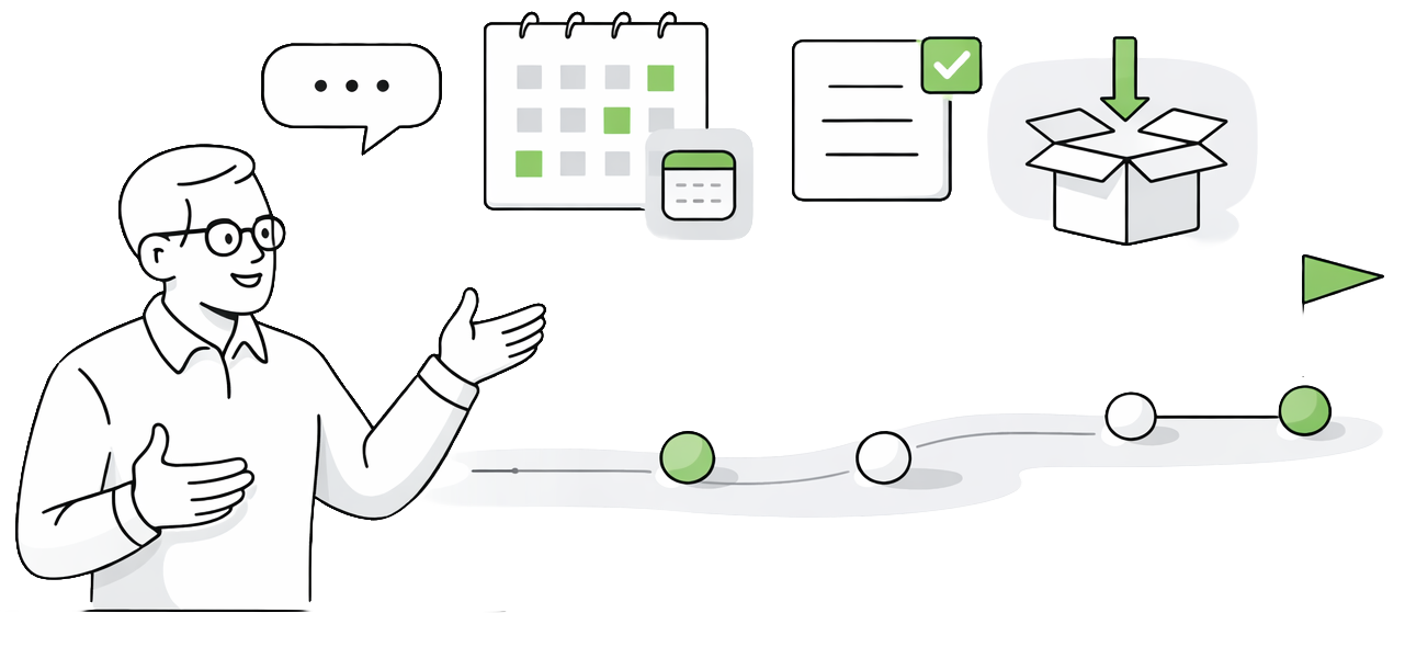 Line-art illustration of a consultant presenting a clear roadmap.